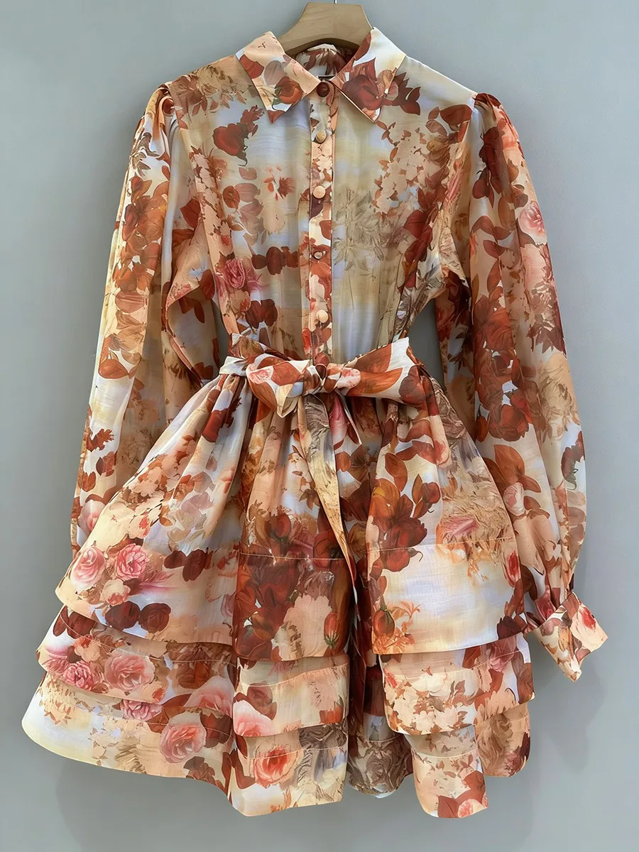 TWOTWINSTYLE 프린팅 시스루 레이스업 빈티지 드레스 여성용 라펠 긴 소매 패치워크 러플 드레스 여성 의류