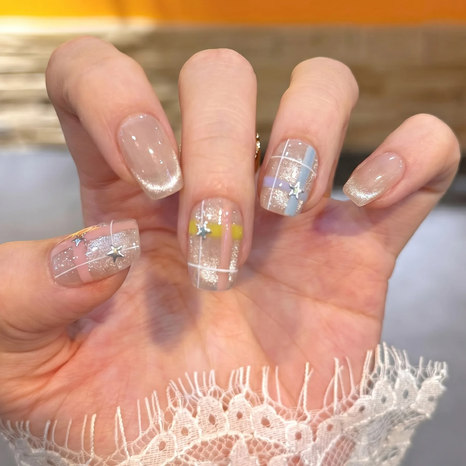 10Pcs Handmade Press On Nails Short Square Cat Eye False Nails With Star & Colorful Stripe Design Cute Fake Nails For Women