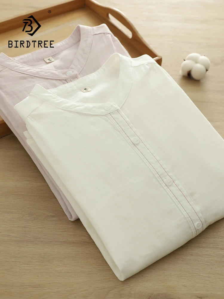 New 2026 Autumn Women Cotton Yarn Long Sleeve Shirt, Stand Solid, Mori Girl Simplicity Japan Style Soft Loose Blouse T68324CC