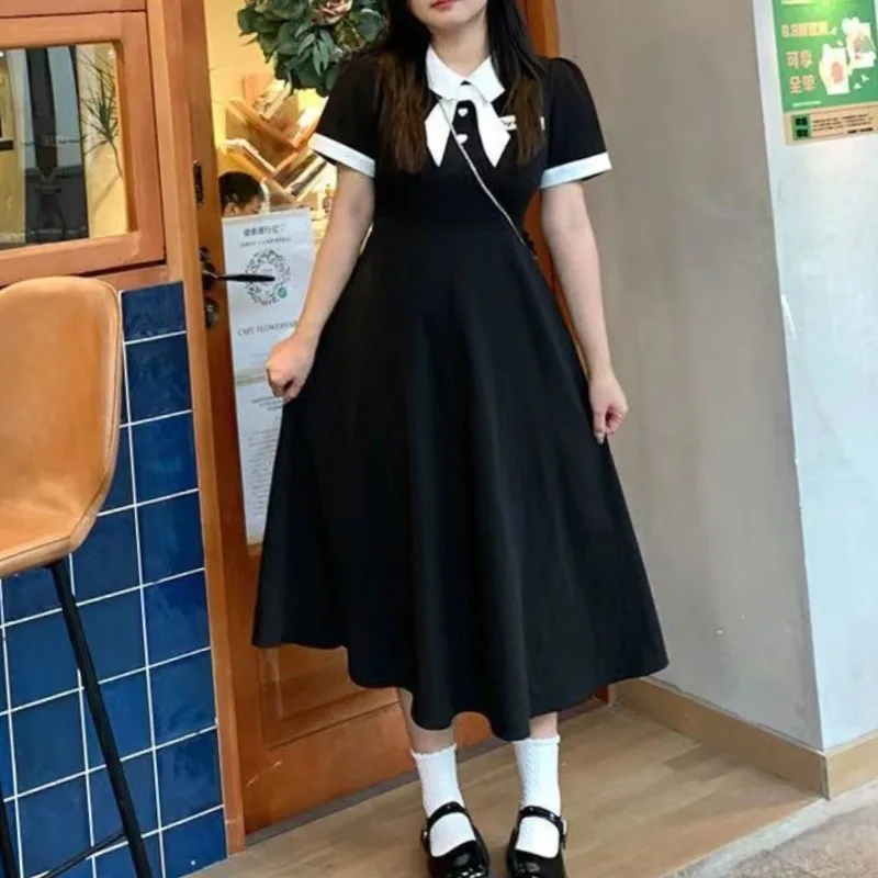 

Women's 2024 Summer New Japanese Style Sweet Spliced Contrast Color Lapel Bow Button Corset A-line Short Sleeve Casual Dresses