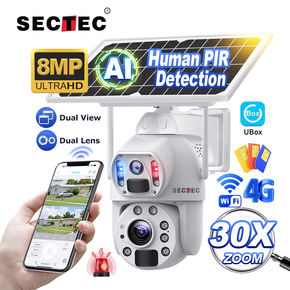 AI Metal 4K عدسة مزدوجة 10W 30X Zoom 4G كاميرا تعمل بالطاقة الشمسية تتبع تلقائي 20100mAh بطارية كاميرا IP66 Dual PIR CCTV كاميرا IP الأمن #1