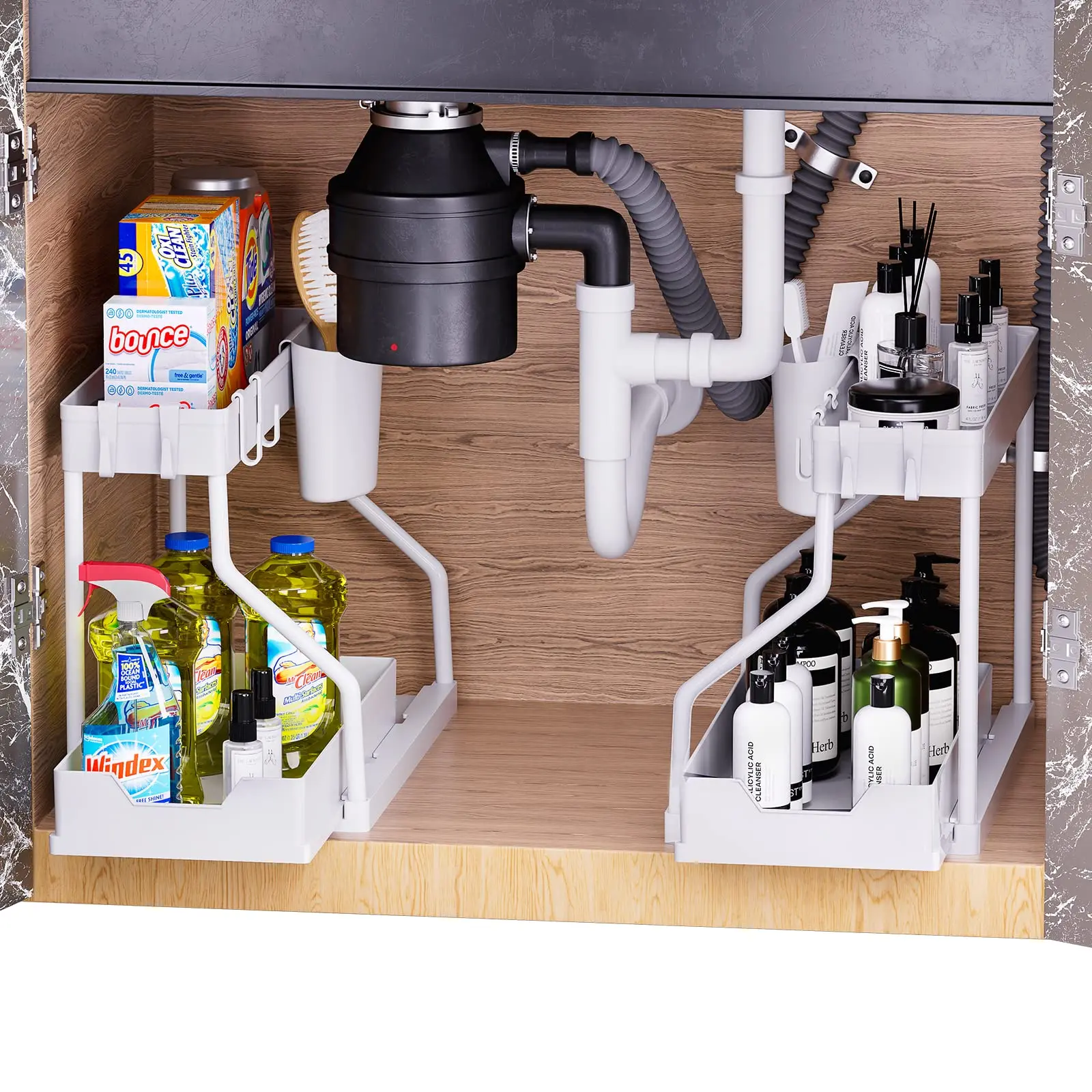 2-Tier Under Sink Organizer L-Shape Sliding Under Sink Organizers and Storage, Under Counter Pull Out Under Sink Storage Rack