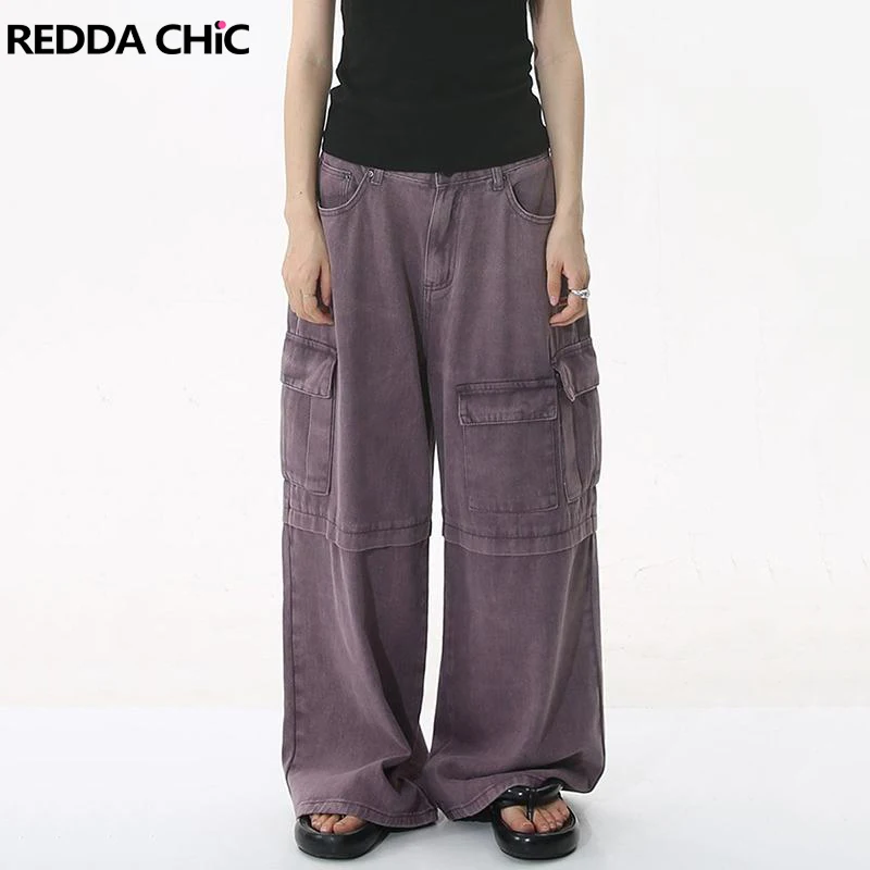 

ReddaChic Women 90s Retro Skater Baggy Jeans Muilti-pockets Plain Purple Cargo Pants Oversize Wide Leg Retro Y2k Hiphop Trousers