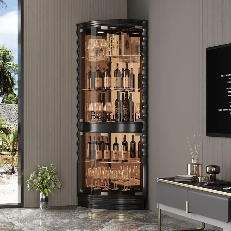 

Light Luxury Stainless Steel Wine Cabinet for Home Living Room Corner Cabinet Glass Triangle Fan-Shaped Wall Corner Against Wall