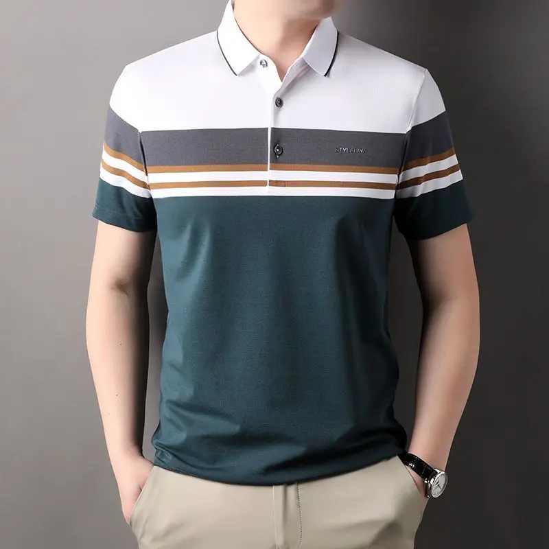 Trend Fashion Summer Polo Shirts Thin Men\'s Turn-down Collar Striped Button Contrast Color Smart Casual Loose Short Sleeve Tops