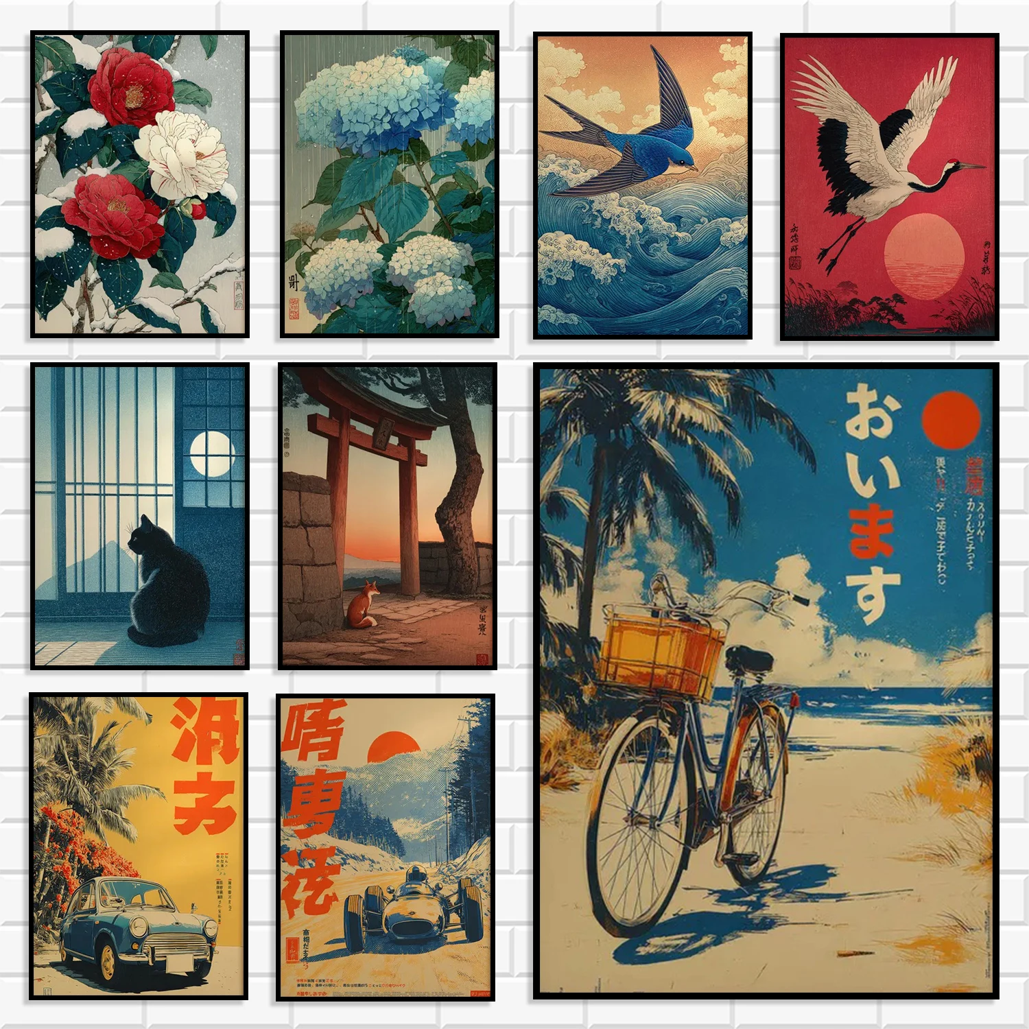 Vintage-Poster mit Blumenmotiv, Kranich, Katze, Torii-Tor, Küstenlandschaft, Rennwagen, orientalischer botanischer Tierdruck für die Heimdekoration