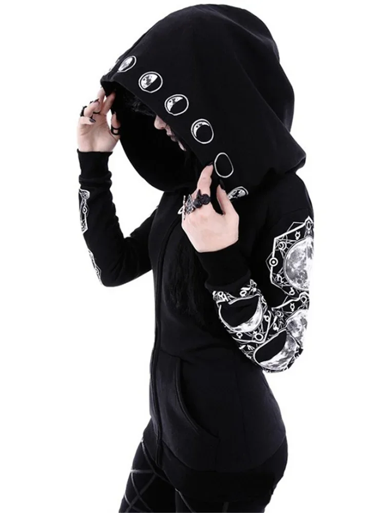 Dark Wind Gothic Long Sleeve Black Printing Hooded Sweater Street Style Harajuku Vintage Tops Women's Top In Autumn Winter 2022