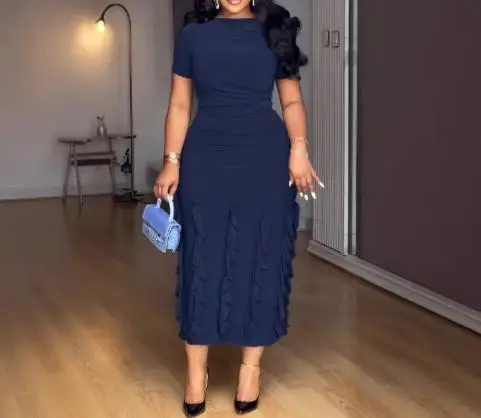 

Womens Dresses 2025 Summer New Solid Color Elegant Slim Fit Elastic Ruffles Decor Round Neck Short Sleeve Casual Long Dress