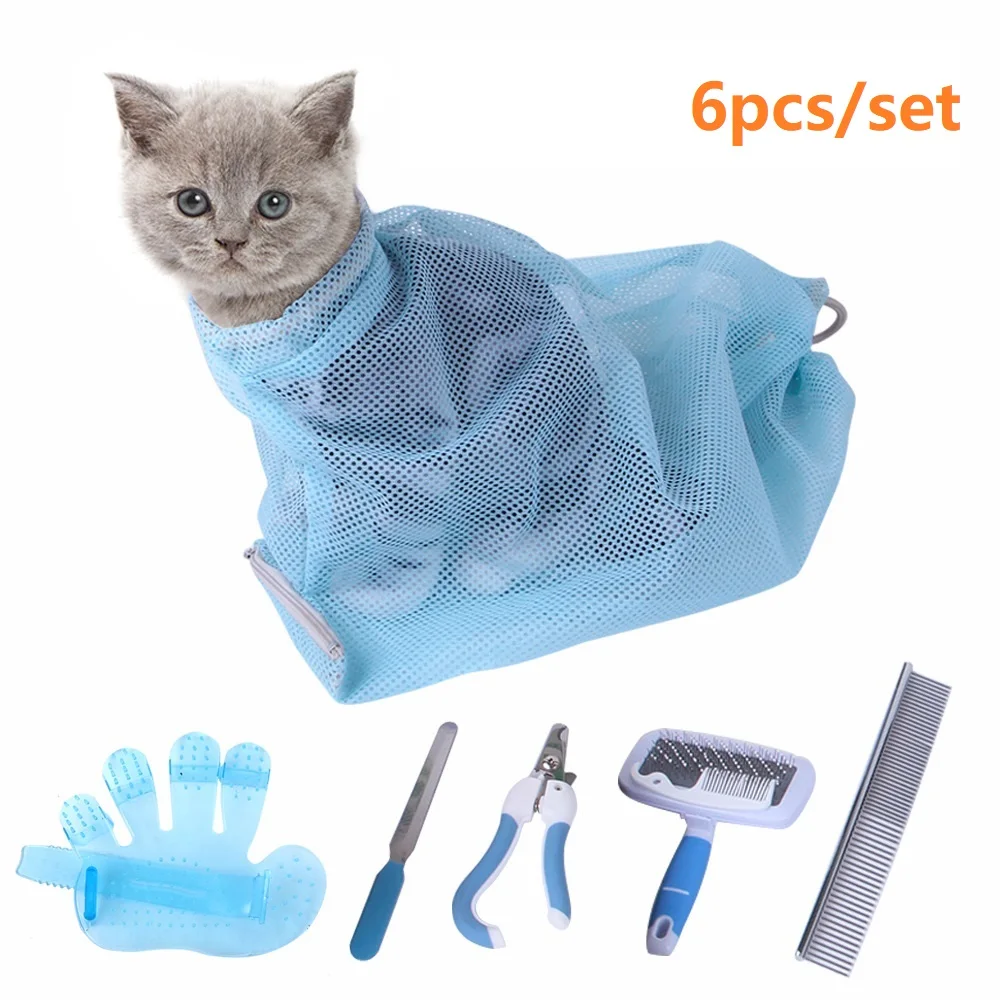 6pcs/lot Mesh Cat Grooming Set Bathing Bag Comb Glove Cats Washing Bags For Pet Nail Trimming Injecting Anti Scratch Bite