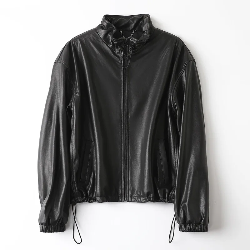 Couple Outfit Leather Jacket Autumn Man Ultra-thin Genuine Sheepskin Minimalist Coat Drawstring Stand Collar Chaqueta Hombre