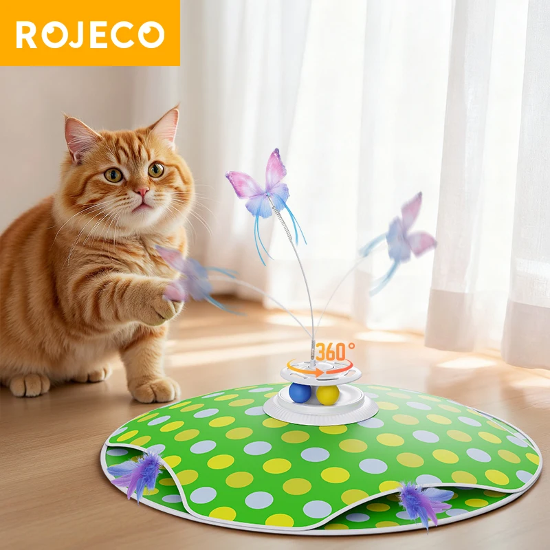 

ROJECO Smart Cat Toys Interactive Hide and Seek Cat Toy With Chasing Feather Fluttering Butterfly TrackBalls Kitten Teaser Toy