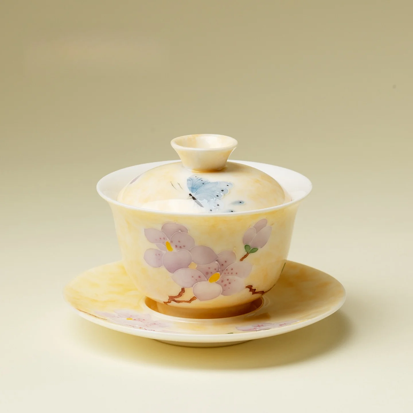 Underglaze Pastel Butterfly Cherry Branch Ceramic Gaiwan Heat Resistant Kung Fu Tea Bowl Household Tea Room Office Decor Gift