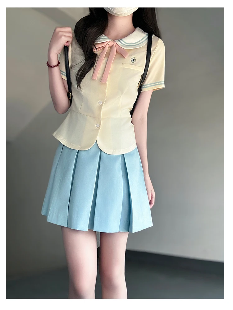 

Sweet Girl JK Uniform Set Preppy Style Doll Collar Short Sleeve Shirt High Waist Pleated Skirt Two Piece Sets Womens Outifits