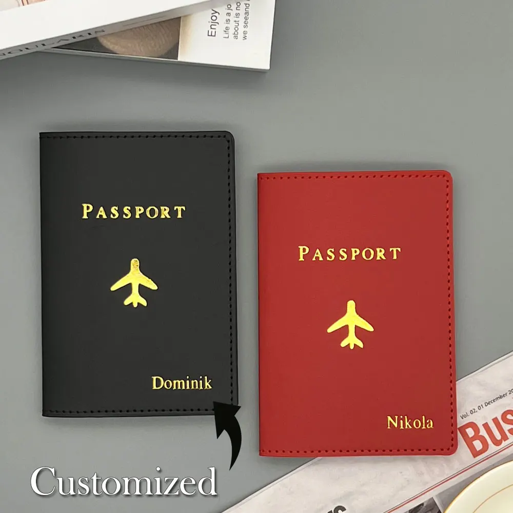 1 Uds. Funda de pasaporte de cuero PU con nombre personalizado, billetera de viaje personalizada grabada para mujeres y hombres