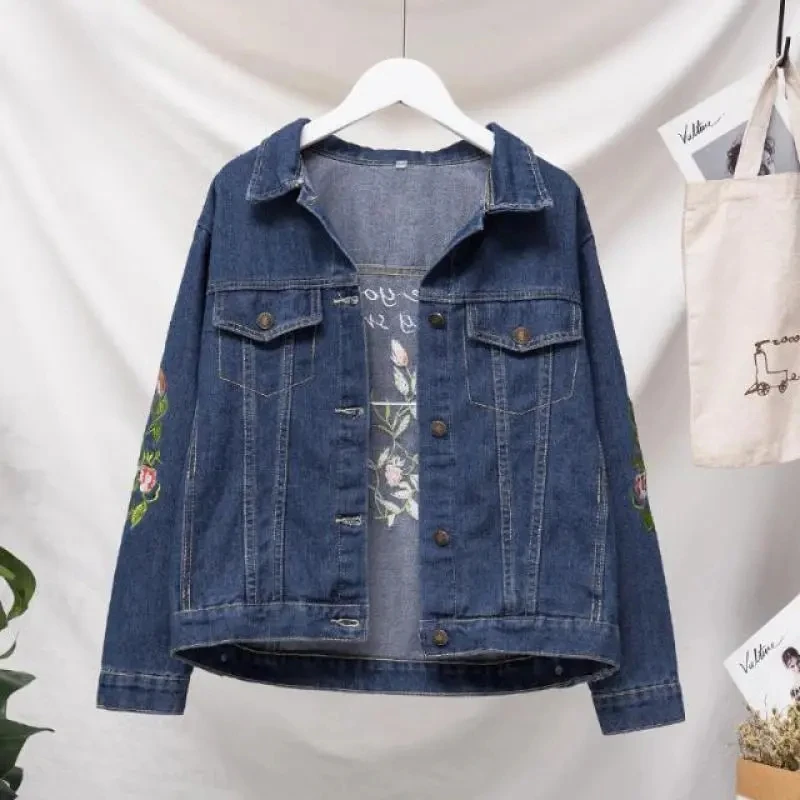 Oversized 5XL Embroidered Denim Jacket for Women 2025 Spring Autumn New Loose Student Jackets Top Female Casual Short Outwear