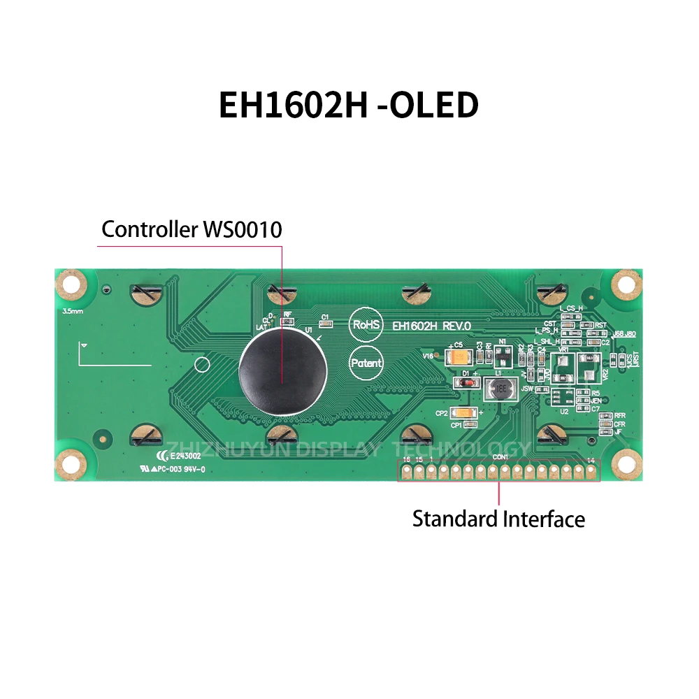 1602H 16 핀 대형 문자 병렬 인터페이스, 1602 내장 WS0010 OLED 디스플레이 화면, 블랙 필름 노란색 문자 호환