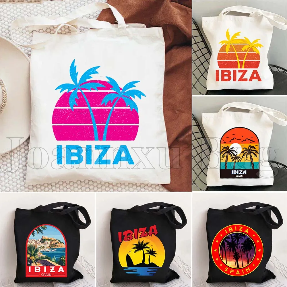 

Ibiza Island Spain Sunset Palmtrees Travel Retro Emblem Women Canvas Shoulder Tote Bag Harajuku Shopper Reusable Cotton Handbag