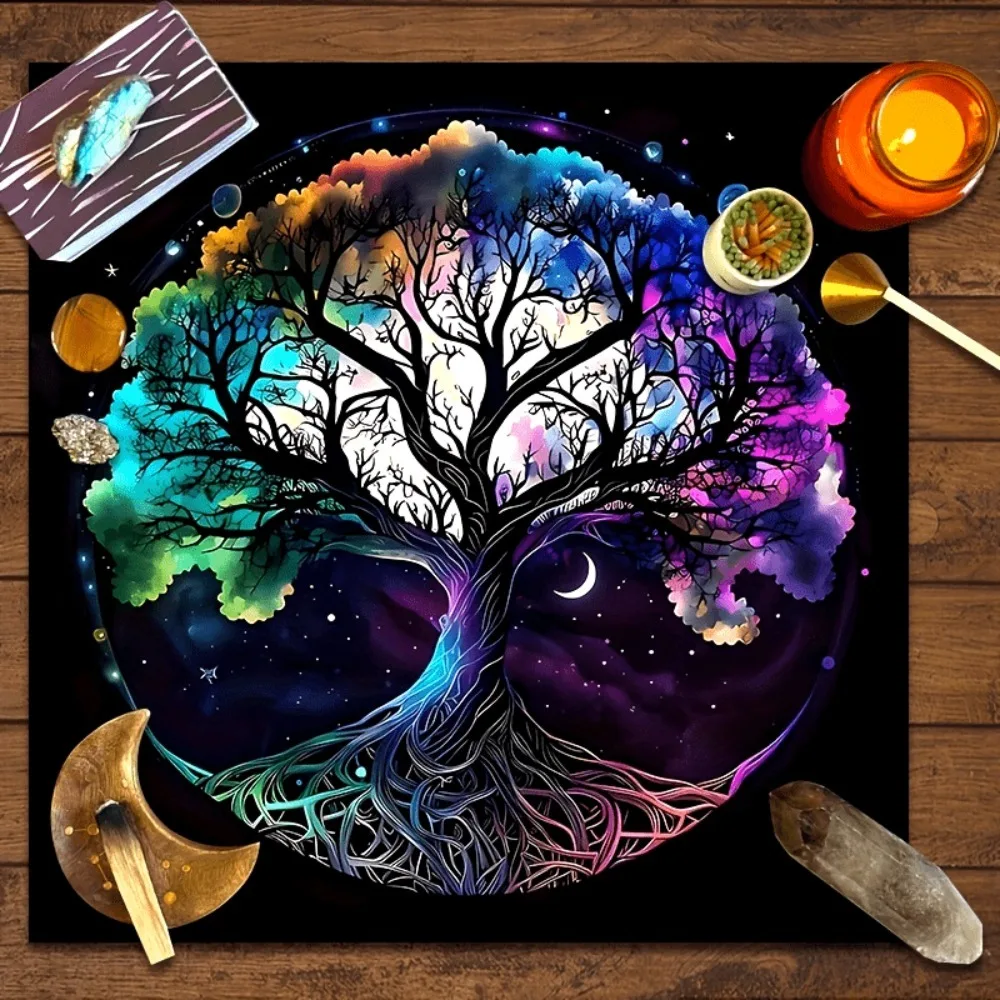 Tapis d'autel Tarot Arbre de Vie – Plusieurs Tailles, Imprimé Coloré, Motif Soleil et Lune Spirituel, en Polyester, pour Divination et Décoration d'Intérieur