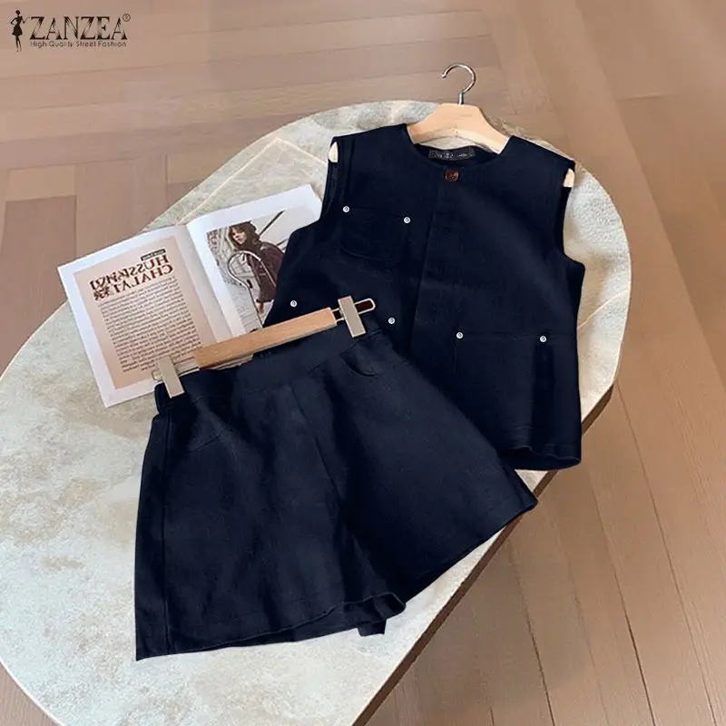 

Summer Women's Loose Short Sets Elastic Waist Shorts & Sleeveless Tank Tops 2 Pieces Sets ZANZEA Daily Casual 2pcs Suits Outfits