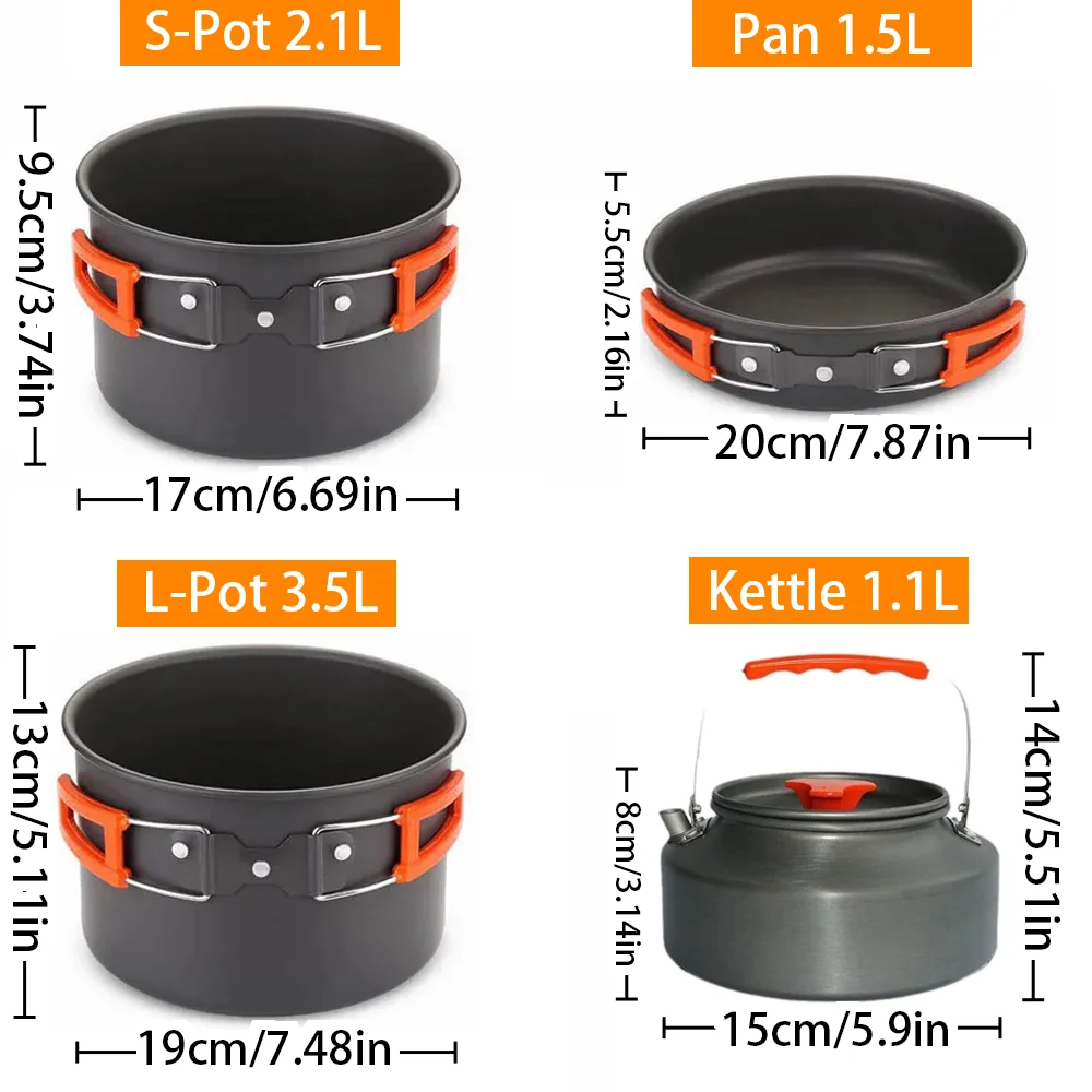 طقم طهي كبير للتخييم في الهواء الطلق مع 2-4 أوعية متداخلة وأواني طهي للتخييم من سبائك الألومنيوم خفيفة الوزن لسهولة الحمل