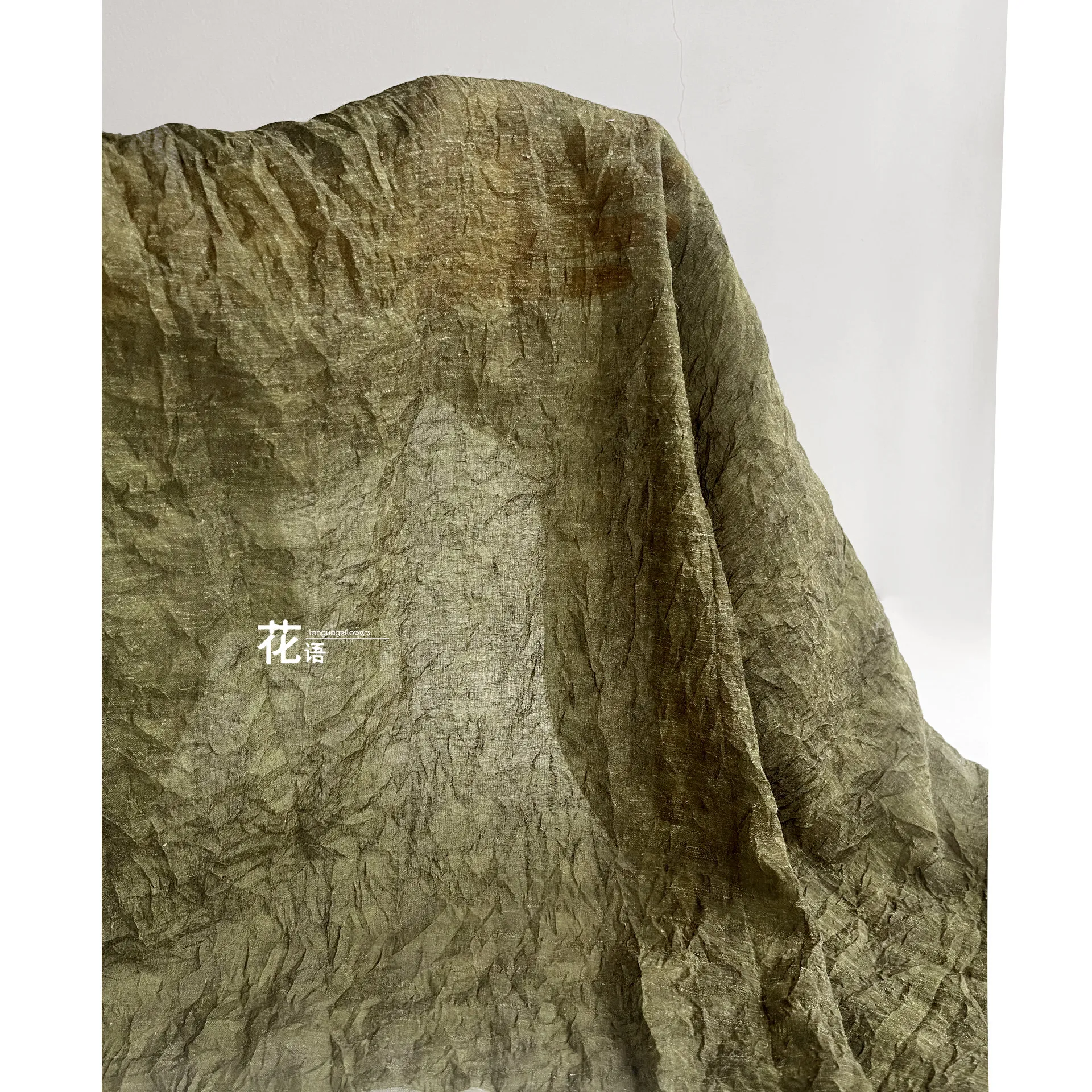 Army Green Cotton Linen Designer Fabric Lightweight Crushed Texture for Skirt Sewing, Dressmaking and Handmade Clothing Projects