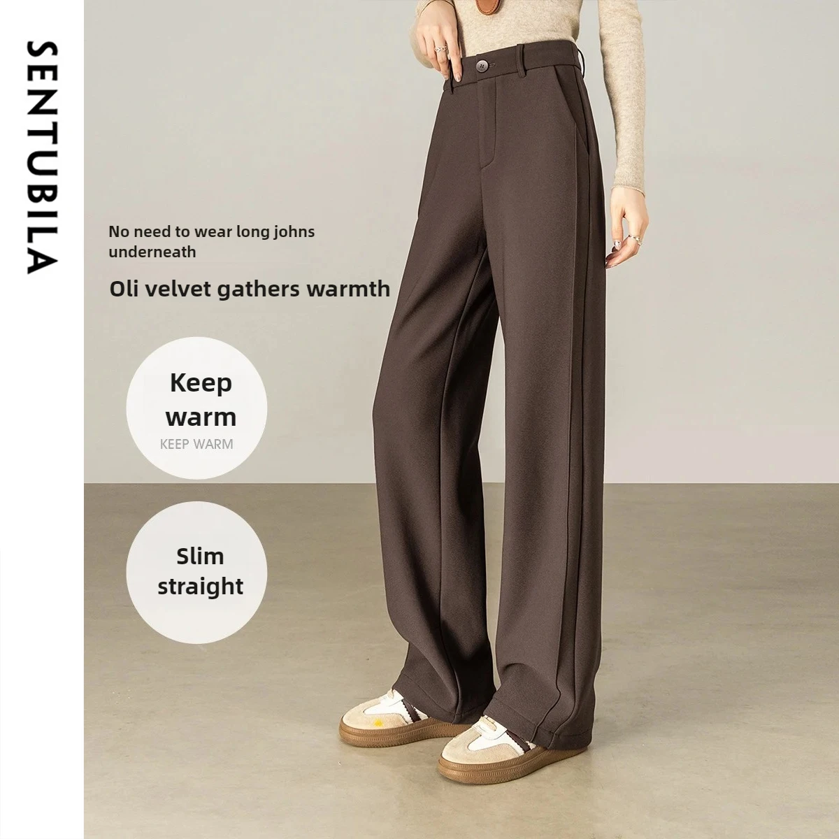 

SENTUBILA Women's Coral Fleece Pants 2025 Winter Loose O-shape Segmentation Line Trousers Slim Casual Simple Bottoms 154KA2801