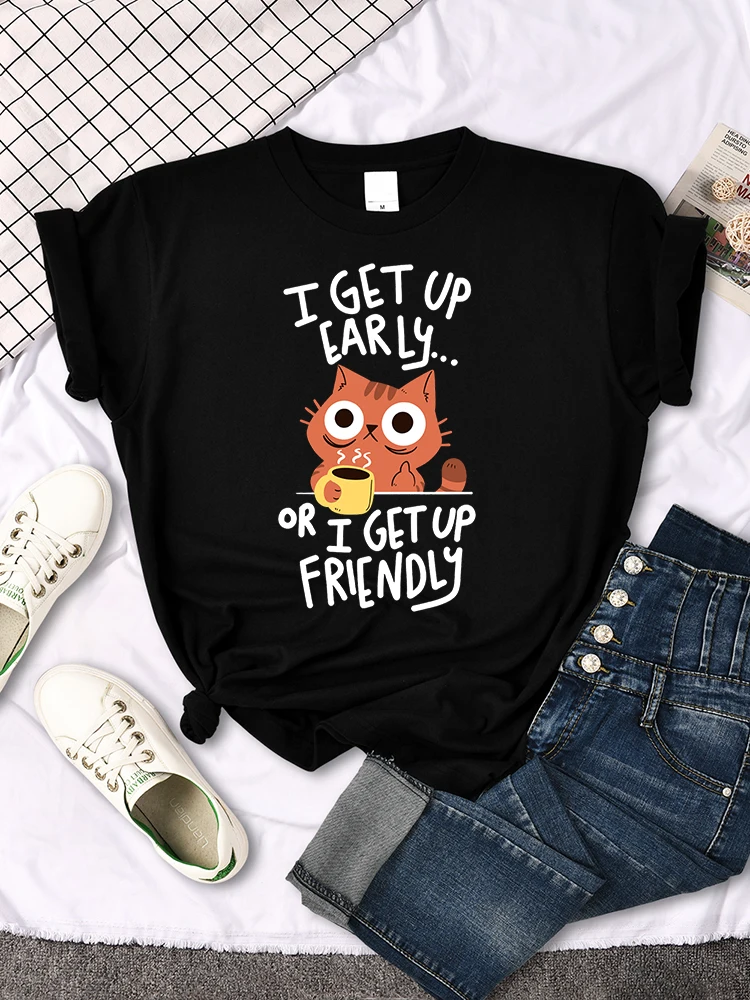 I Get Up Are Lazy Cute Cat Women T-shirts Leisure Tops Breathable T Shirts Retro Breathable Streetwear Summer Female Tee Shirts