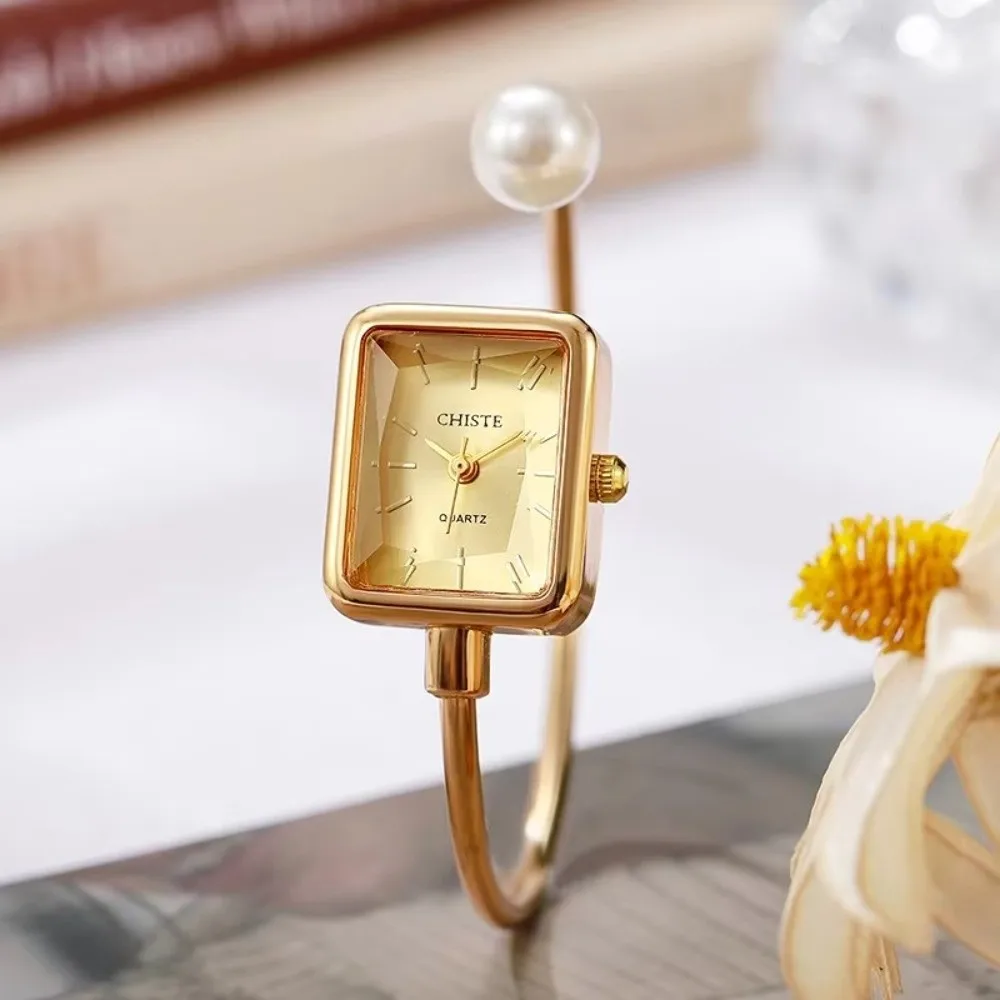 Simple Square Dial Wrist Watch Pearl Strap Open Bracelet Pearl Bracelet Watch Quartz Watch Women
