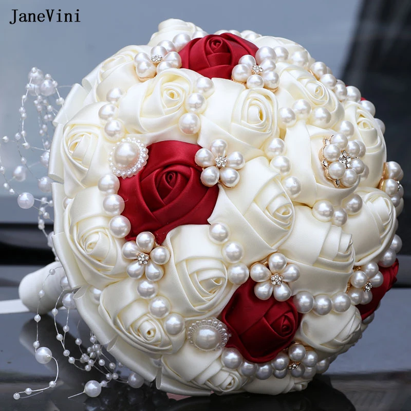 JaneVini Burgundy Ivory Ribbon Flowers Stunning Pearls Bridal Bouquets Artificial Satin Roses Bridesmaid Bride Wedding Bouquet