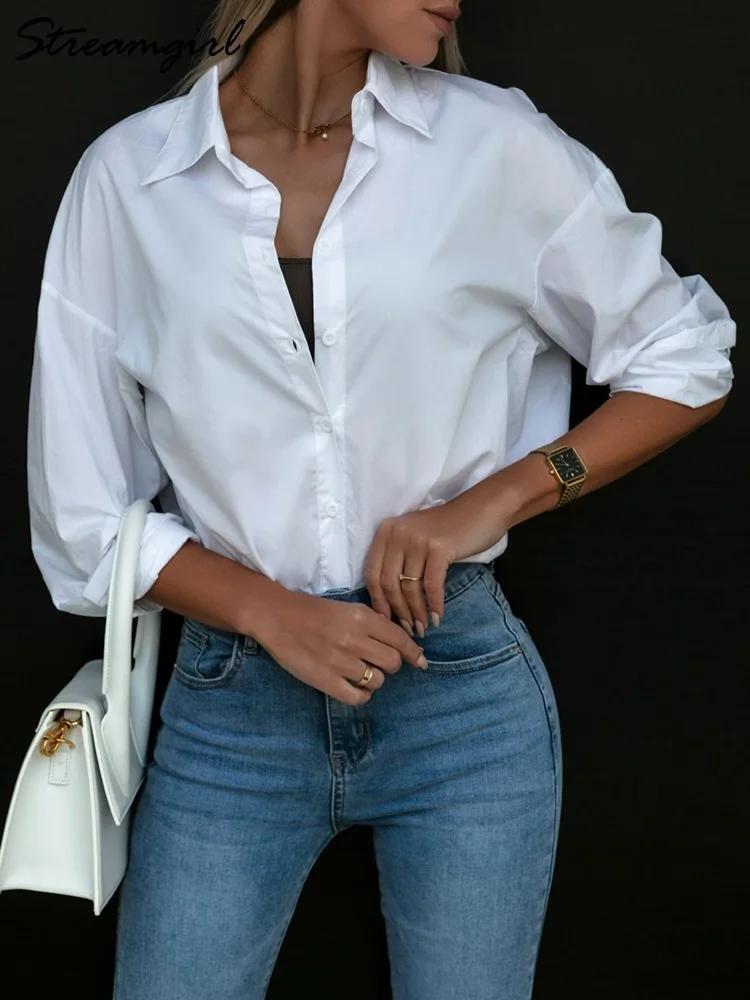 Streamgirl Basic White Oversize Shirt For Women Formal Loose Cotton Office Wear Shirts Ladies Long Oversize Shirts Women 2023