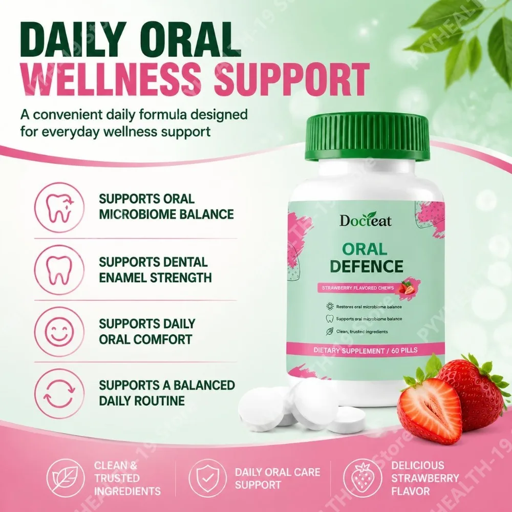 Docteat Oral Defence Chews Strawberry Flavor Hydroxyapatite Xylitol Lactoferrin For Enamel Breath Oral Microbiome Adult 60 Count - view 2