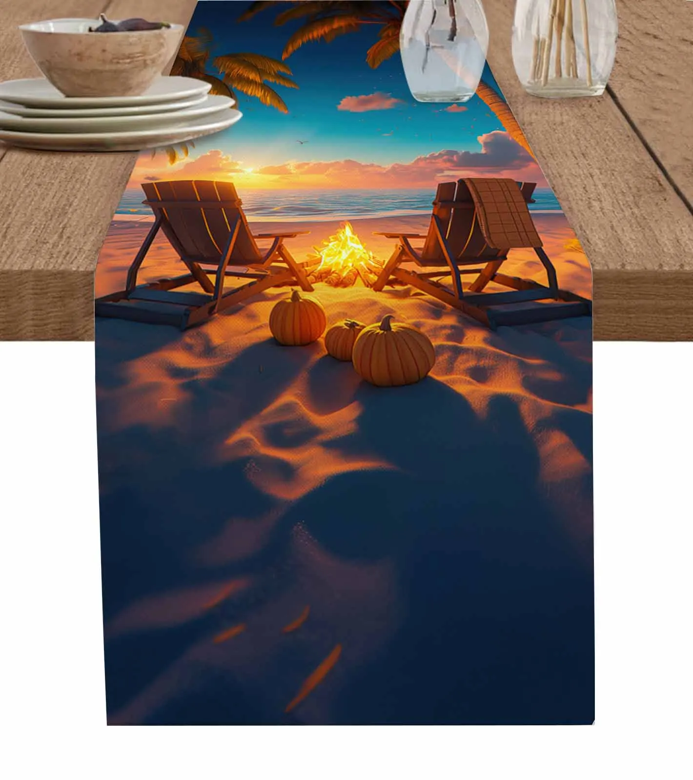 Autumn Beach Bonfire Chair Pumpkin Sunset Table Runner Coffee Tablecloth Wedding Decor Modern Party Table Runners Table Mats