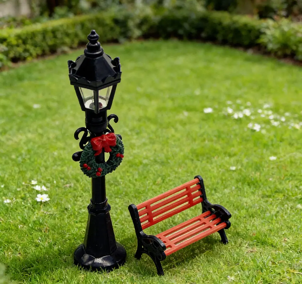 8 Uds casa de muñecas Mini lámpara de calle de césped y banco de parque-adorno de decoración de jardín, accesorio de paisaje para patio de casa de muñecas