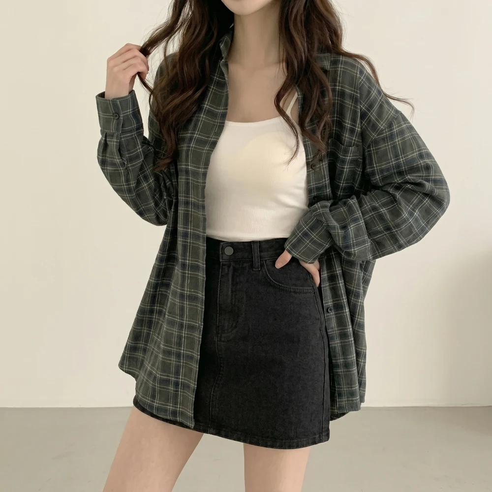 

Loose Korean Style Lazy Plaid Shirt Women's Long Sleeve Midi Length Casual Air Conditioning Top Polyester Fiber Straight Cut