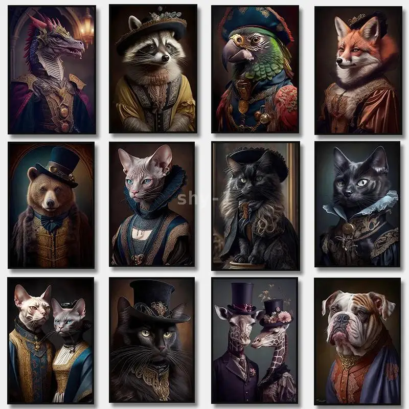 Victorian Gothic Style Animal Canvas Prints  Lady Fox Giraffe Sphinx Cat Parrot Bulldog Black Cat Raccoon  Bear Wall Art Decor