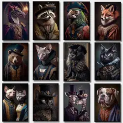 Victorian Gothic Style Animal Canvas Prints Lady Fox Giraffe Sphinx Cat Parrot Bulldog Black Cat Raccoon Bear Wall Art Decor