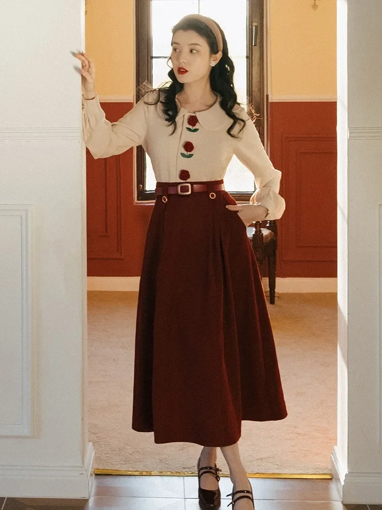 Spring Autumn Fashion Women Two Piece Set Retro Style Design Chic Top Embroidered Shirt+ Red Skirt Suit Ladies Vintage With Belt