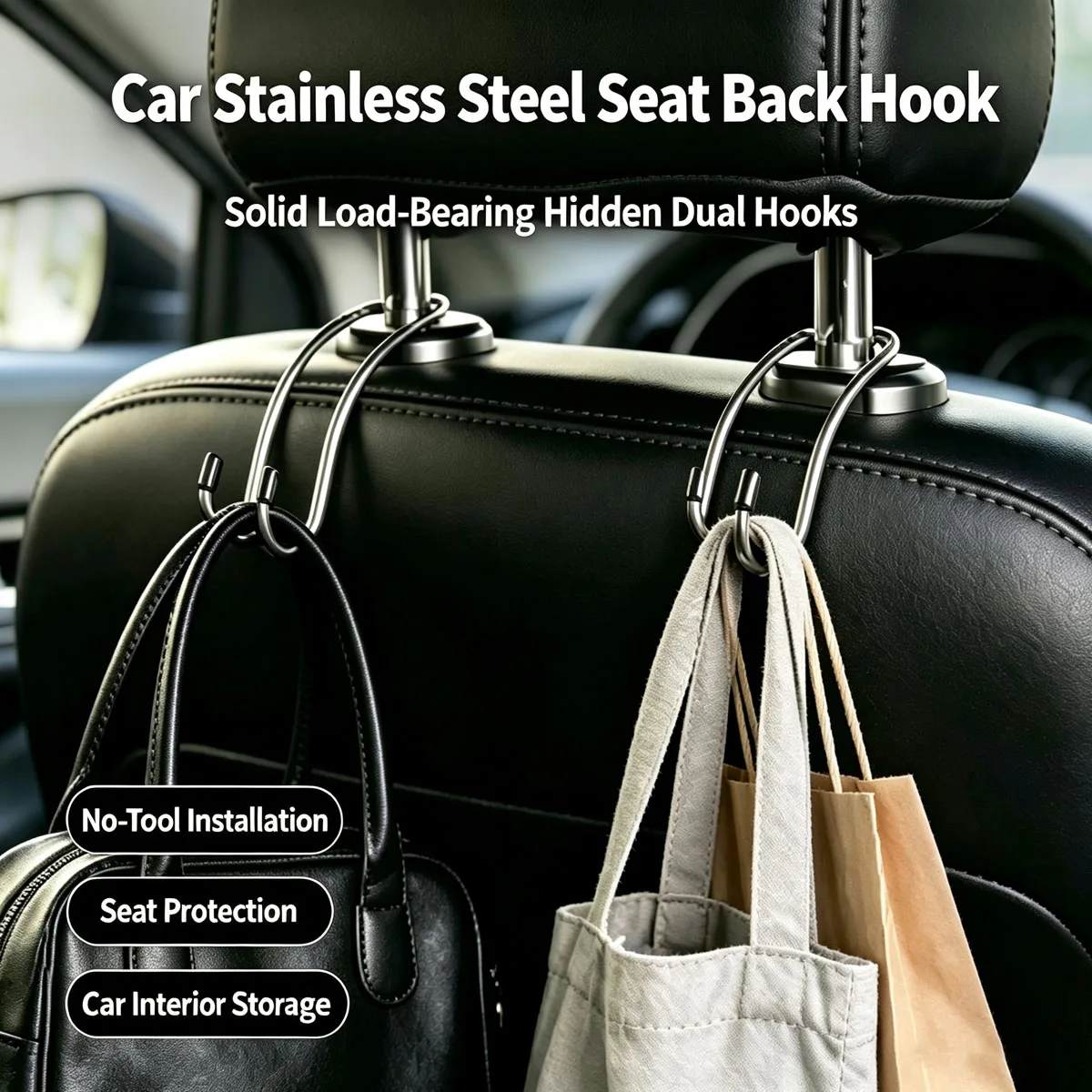 Stainless Steel Car Seat Back Double Hook, Heavy Duty Hidden Headrest Hanger, Multifunctional Vehicle Storage Hook