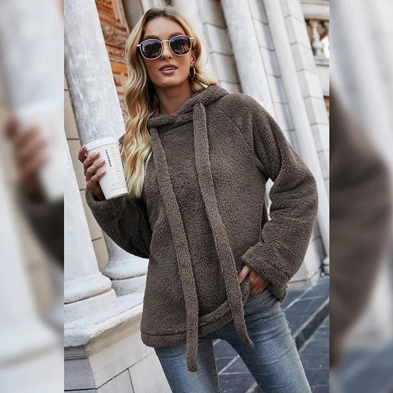 

Autumn Winter Plush Hooded Pullovers Women Solid Colors Loose Casual Furry Sweatshirts New Daily Commute Leisure Thicken Hoodies