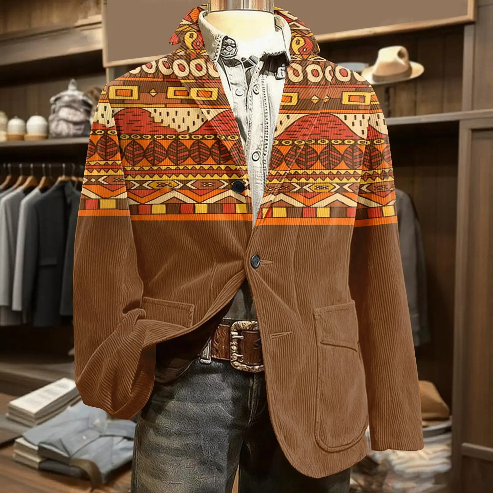 

Men's Autumn/Winter Warm Corduroy Suit Jacket Retro Ethnic Print Casual Suit Jackets Double Buttons Lapel Business Blazer