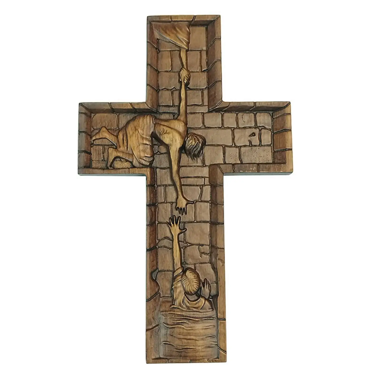 Christian Wooden Cross Tabletop Jesus Sculpture Helping Hand Display