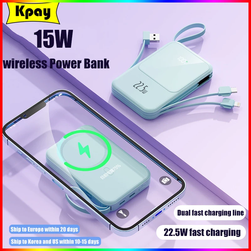 

Portable Built-in Cable 10000mAh Macsafe Power Bank Magnetic Wireless 15W Powerbank For iphone Xiaomi External Auxiliary Battery