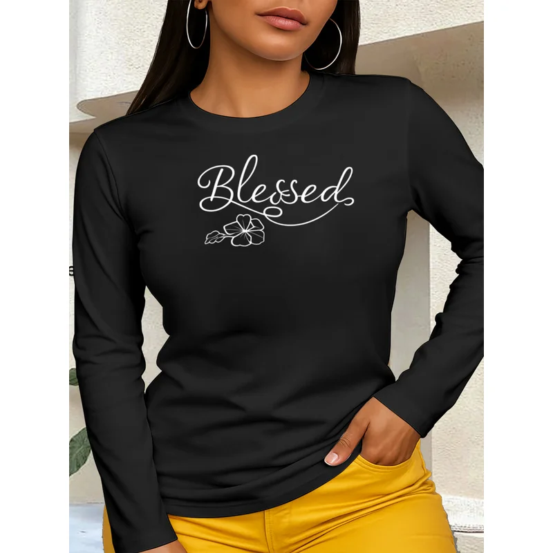 Womens Blessed Graphic Tee Floral Line Art Print Long Sleeve Casual Daily Shirts
