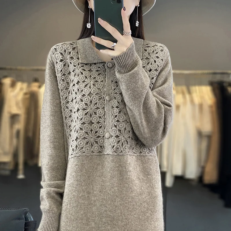 Women\'s Polo Neck Embroidered Cashmere Sweater Knit Dress, Long Knee-length Skirt, Loose Slim Dress, Autumn and Winter