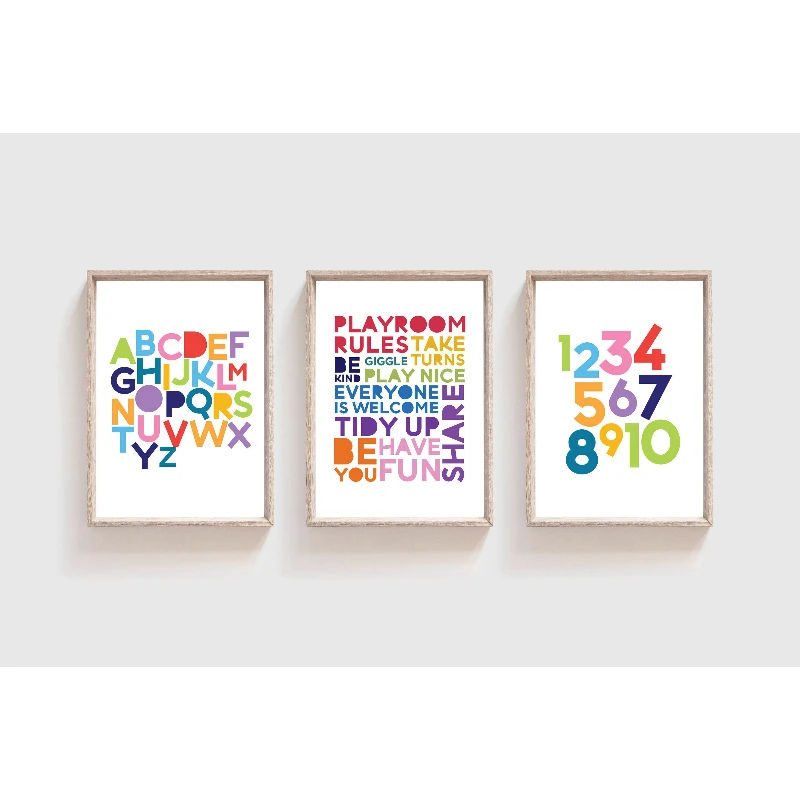 3pcs frameless Canvas Painting 3pcs Frameless Game Room Rules Posters | Colorful Alphabet and Number Learning Canvas Art | Home
