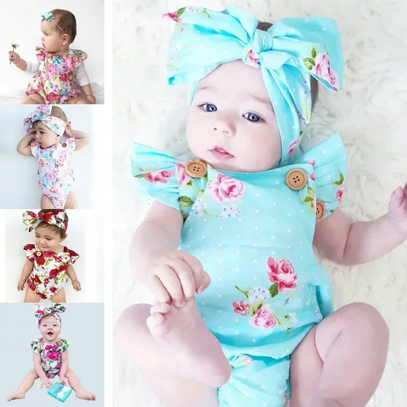 

Newborn Baby Bodysuit Romper Infant Girl Jumpsuit +Headwear Kids Clothes Outfit