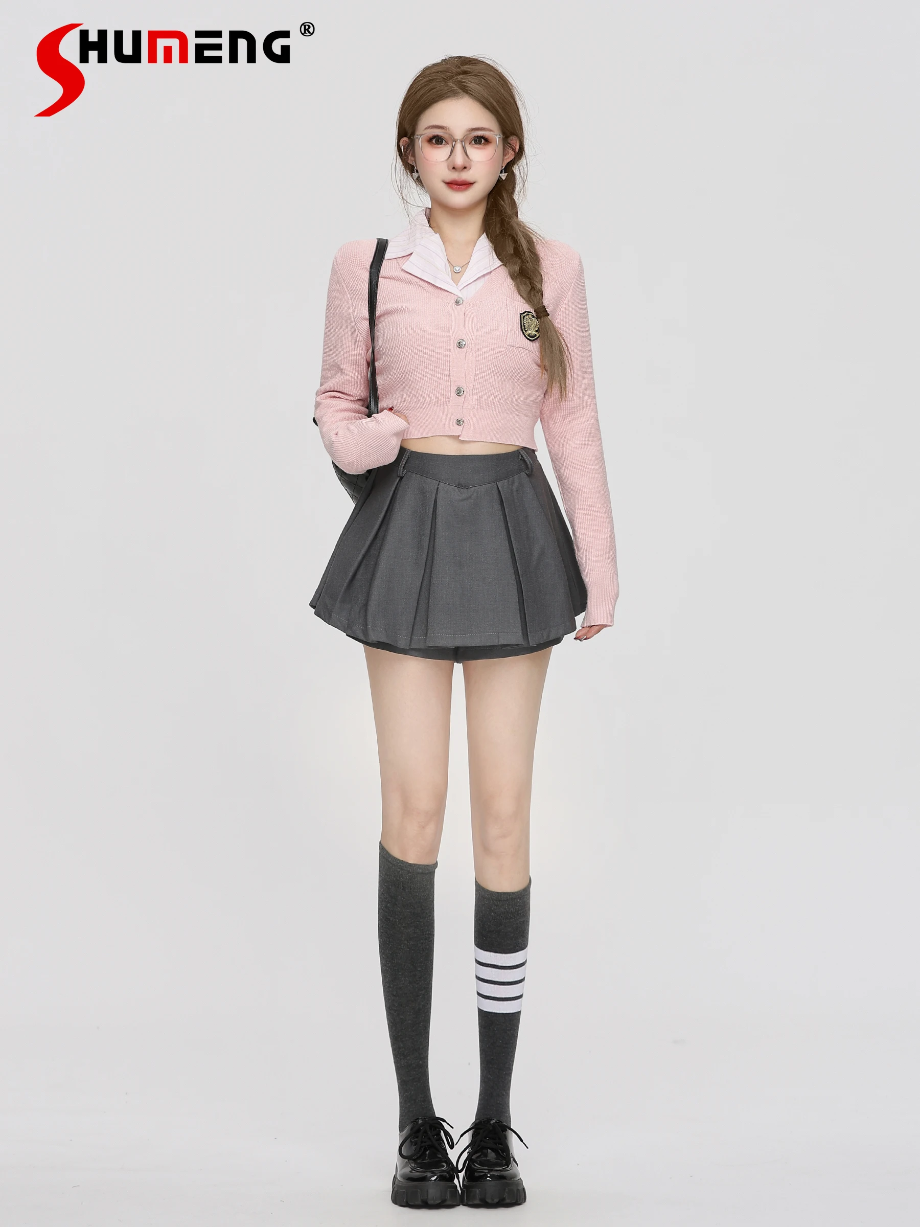 

Japanese Sweet Preppy Style Polo Collar Long Sleeve Striped Short Shirt High Waist Pleated Mini Jk Skirt Two-piece Sets Women
