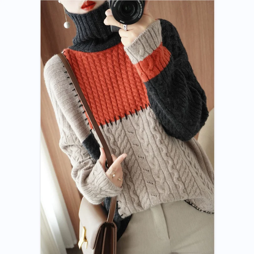 

100% Wool Women's Sweater Color Contrast Knitted Pullover Sweater Winter New Thickened Sweater Korean Fashion Top