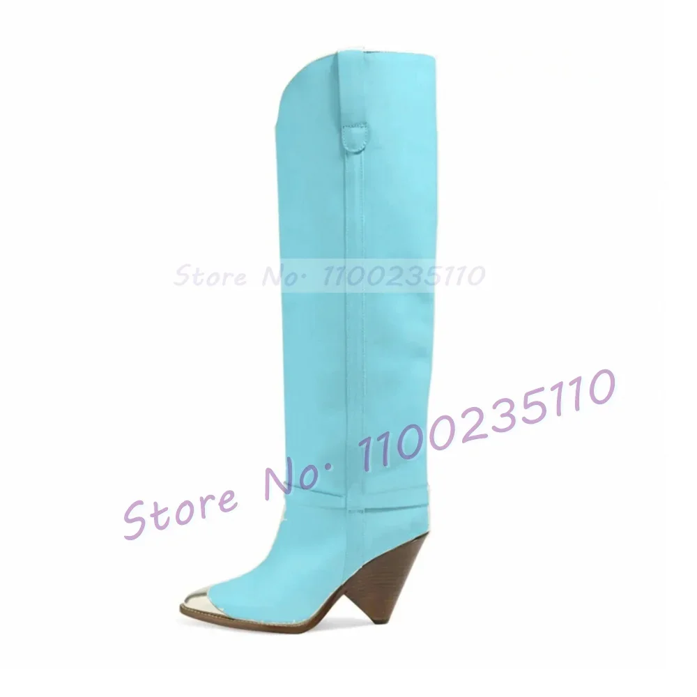 Silver Metal Toe Tan Knee-High Boots Women Fashion Pointed Toe Cone Heel Catwalk Shoes Ladies Stylish Cool Girls Slanted Boots image 6
