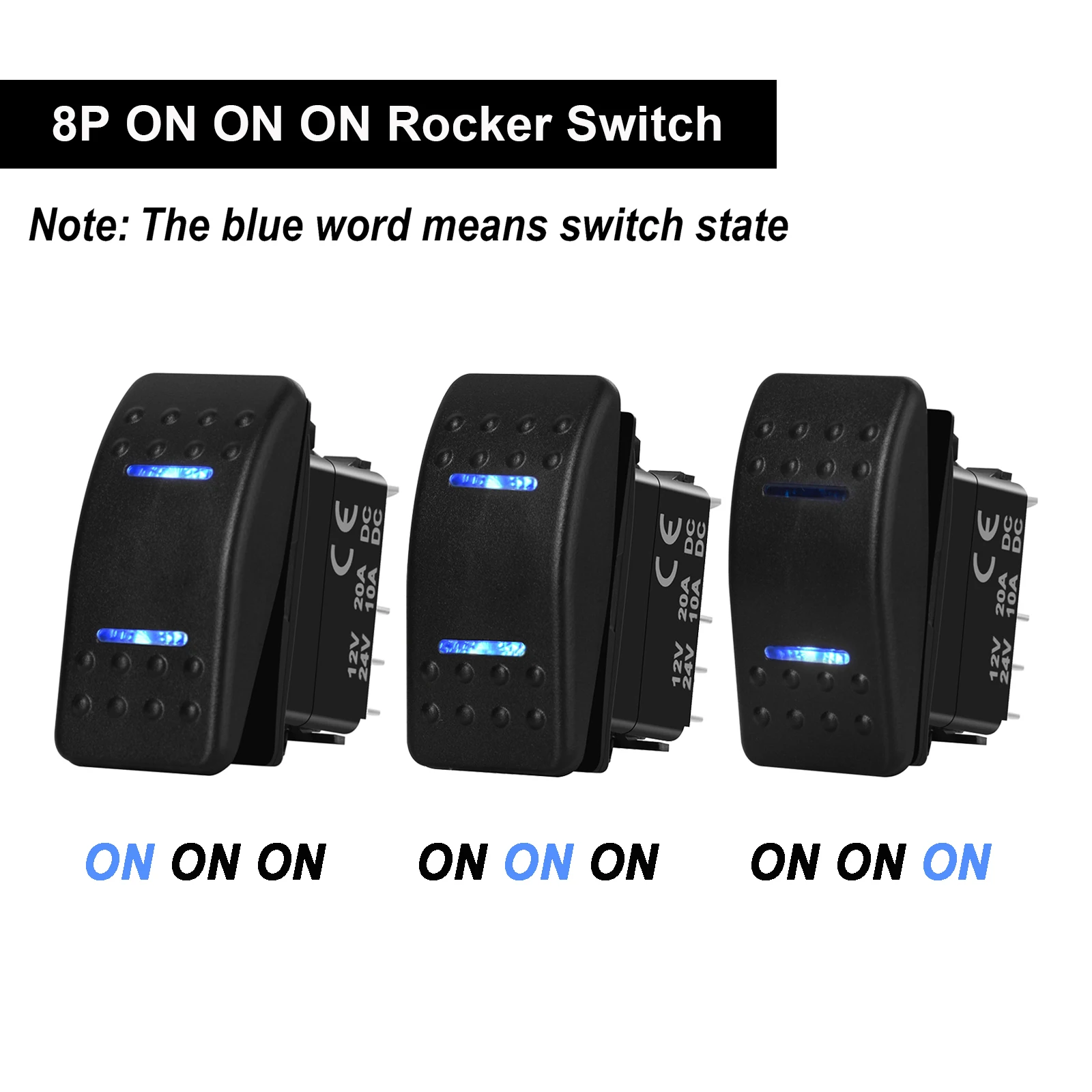 Blue Led Rocker Switch DPDT 8PIN ON ON ON With Stickers For Car Marine Boat IP66 NARVA Carling ARB Style Auto Parts Accessories